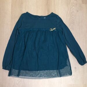Carter’s Kid Girl’s size 7 Teal Long Sleeve Sheer Sparkle Gold Bow Top